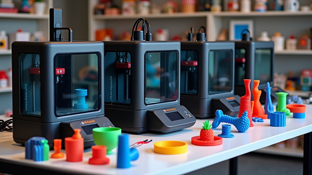 Side by side view of desktop 3D printers on a workspace table