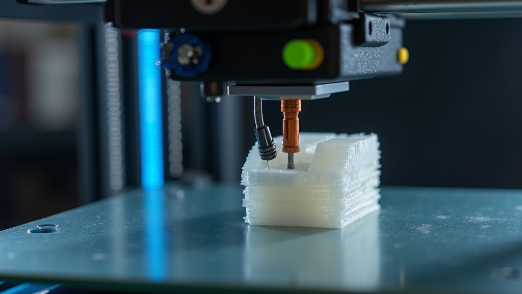 A desktop 3D printer in action, creating a small mechanical part with visible layers of plastic filament.