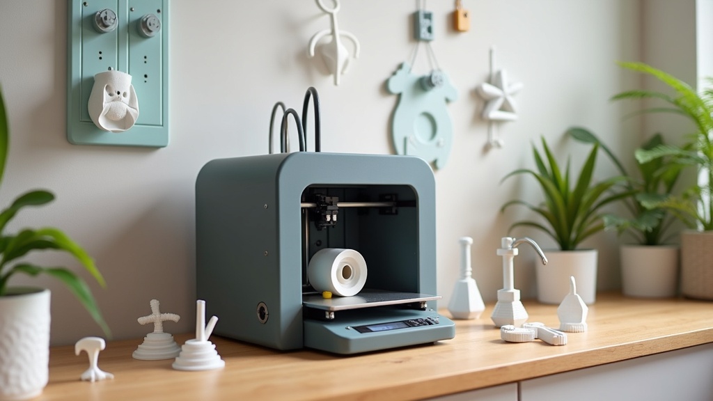 A home desktop 3D printer creating a household object, with various printed gadgets and small parts on the table nearby.