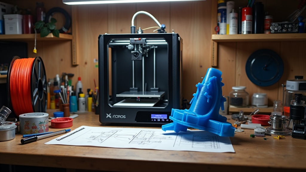 Home 3D printer and prototype space part on workbench with technical sketches