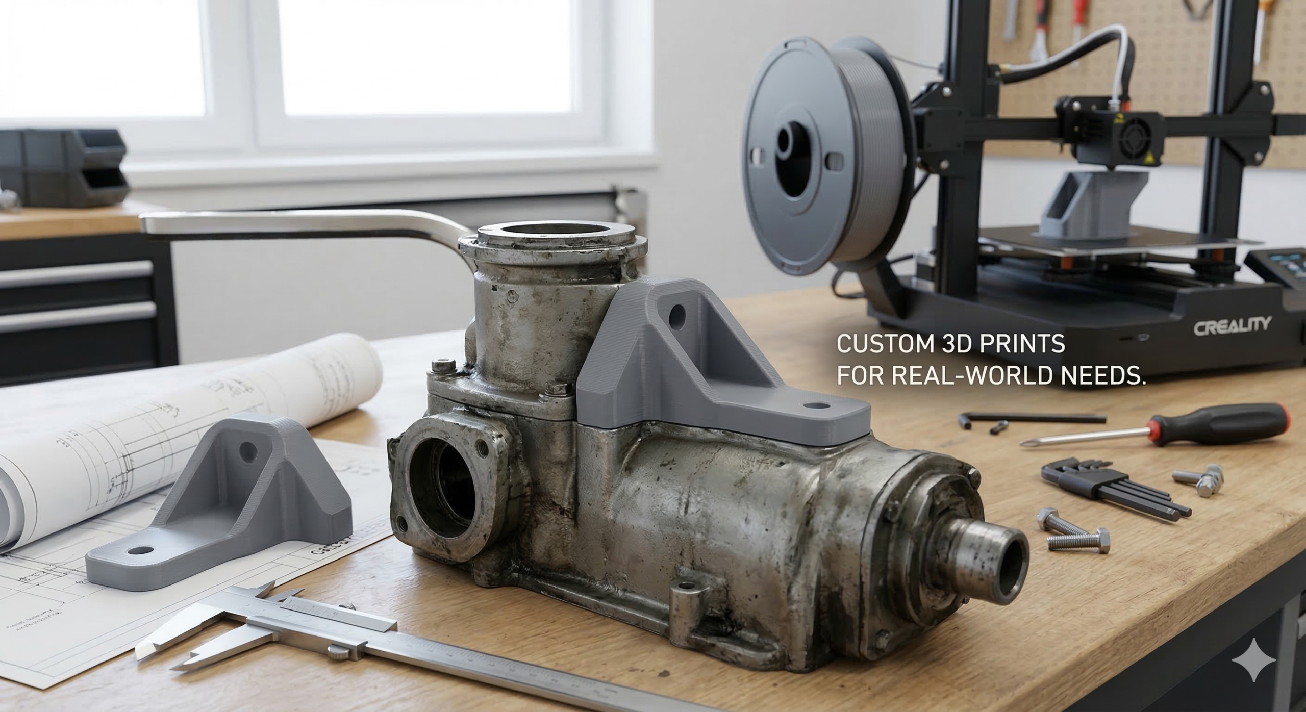 Custom 3D printed replacement brackets beside the original mechanical assembly