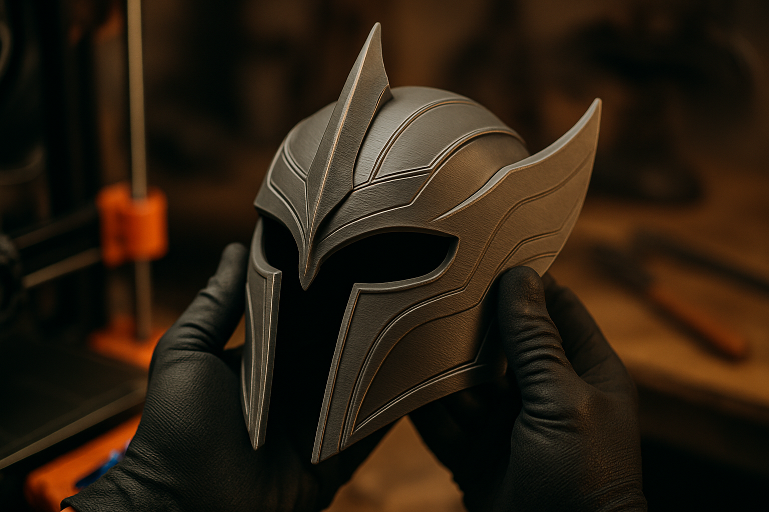 a Cinematic Close‑up of a Freshly Printed Cosplay Prop Being Held in Gloved Hands, with Fine Surface Detail and Crisp Edges Visible. Background Softly Blurred with Hints of a 3d Printer and Tools. Warm Lighting, Tactile Realism, Storytelling Composition That Emphasizes Craftsmanship.