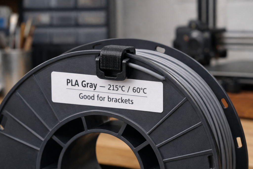 Image of a 3d Printed Filament Spool Clip on a Gray Pla Spool. the Label Should Show “pla Gray — 215°c / 60°c