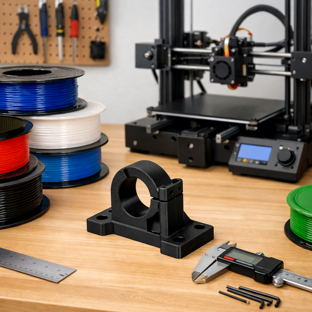 A clean workbench scene with several spools of filament - 3d printing by kevin a Clean Workbench Scene with Several Spools of Filament