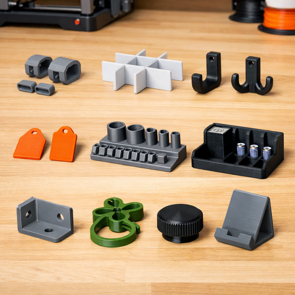 a Clean Workbench with 10 Small 3d-printed Items Arranged in a Grid: