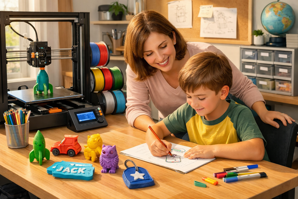 Parent and Child Planning Easy 3d Printing Projects at a Safe Home Maker Desk with Colorful Pla Prints.