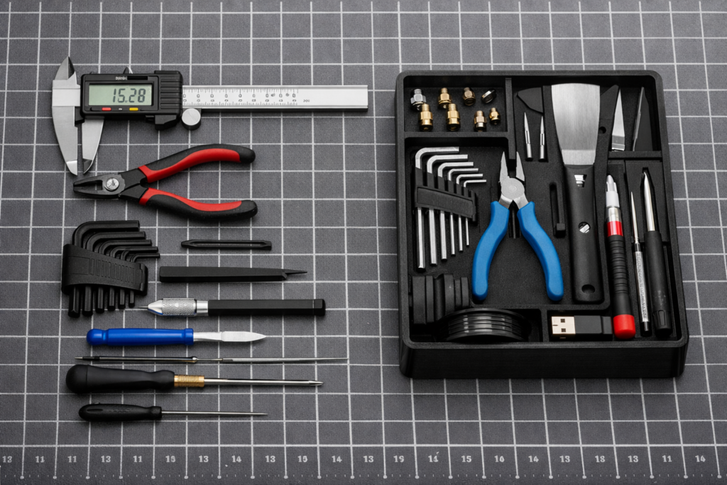 a Clean, Grid‑aligned 3d‑printing Workbench Scene with Calipers, Cutters, Hex Keys, and a Finished Printed Organizer Tray Laid out with That Crisp, Maker‑bench P