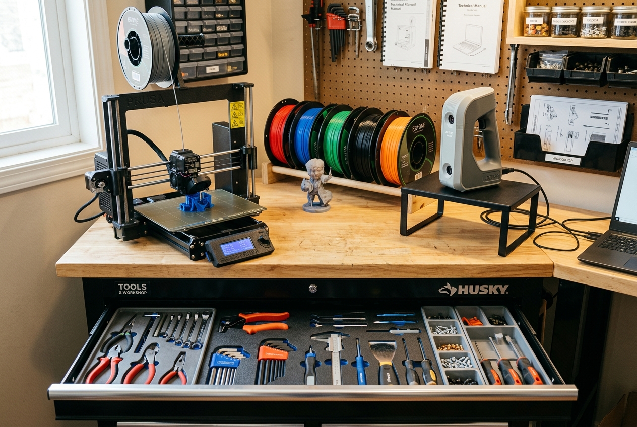 Image Showing an Fdm Printer, a Handheld 3d Scanner, Filament Spools, and an Organized Tool Drawer.