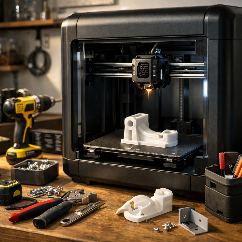 a Clean Home Workshop with 3d Printers Actively Producing a Practical Household Repair Part,
