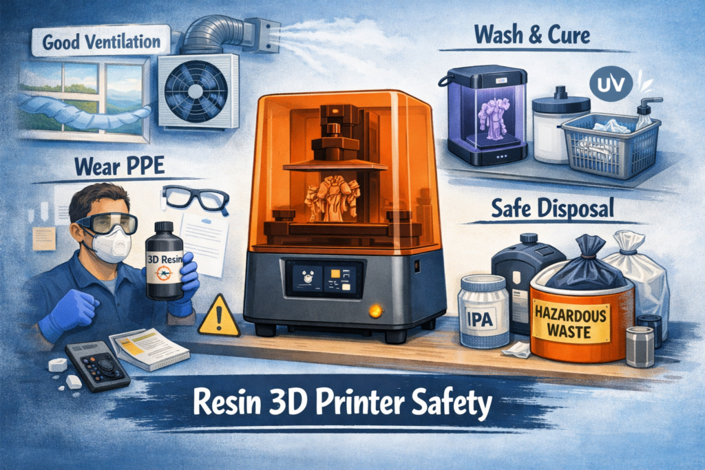 Resin 3d Printer Safety Illustration is Ready — It Shows a Balanced, Educational Depiction of Proper Ventilation, Ppe, Resin Handling, Washing, Curing, and Disposal Practices.