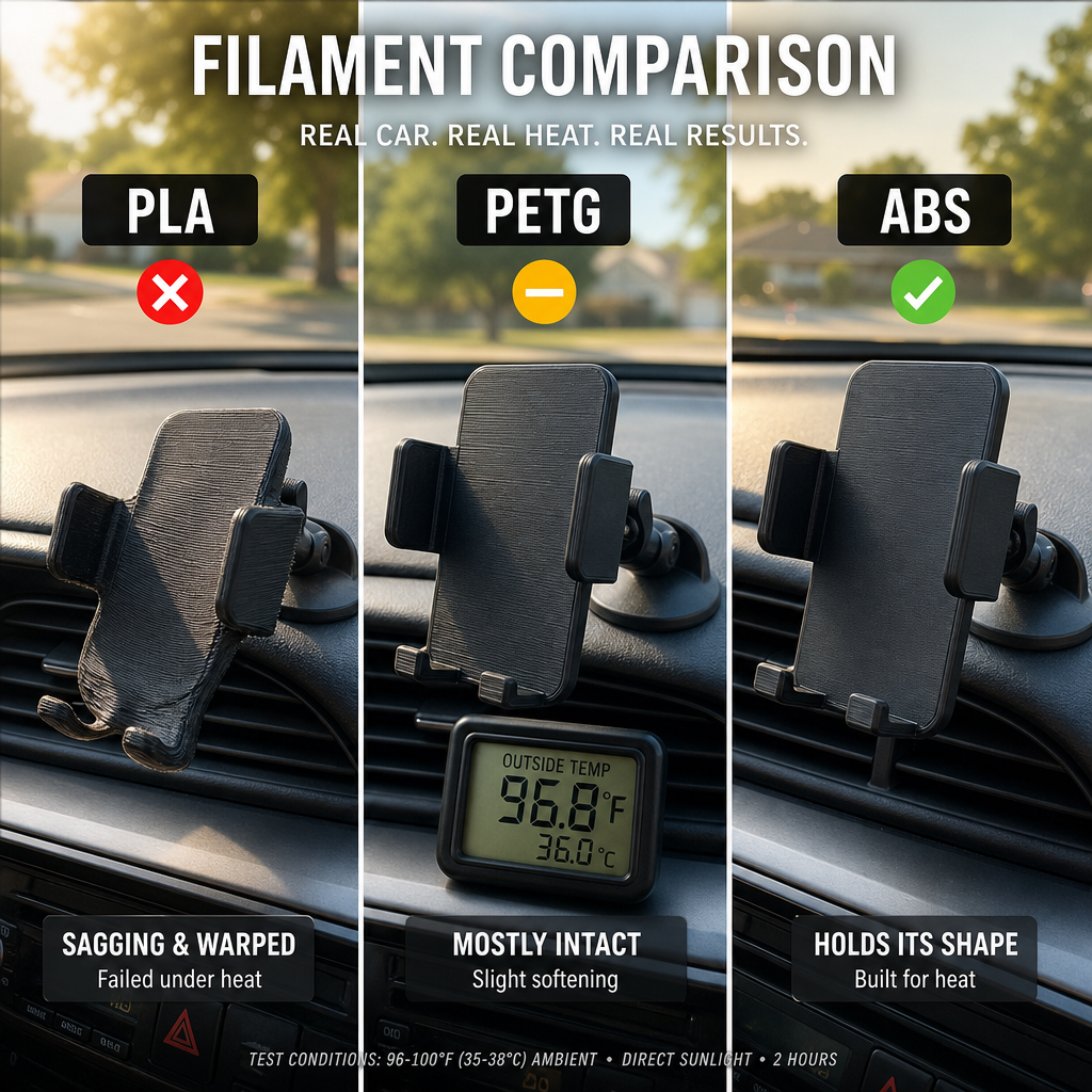 Pla, Petg, and Abs 3d-printed Car Parts Compared Inside a Hot Vehicle