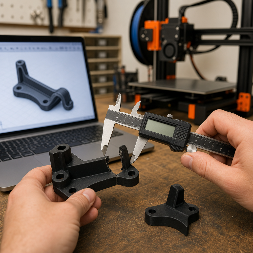 a Close, Clean Workshop Photograph of Digital Calipers Measuring a Broken Black Plastic Bracket, with a Cad Model Visible on a Laptop and a Functional Fdm Printer Softly Blurred in the Background.