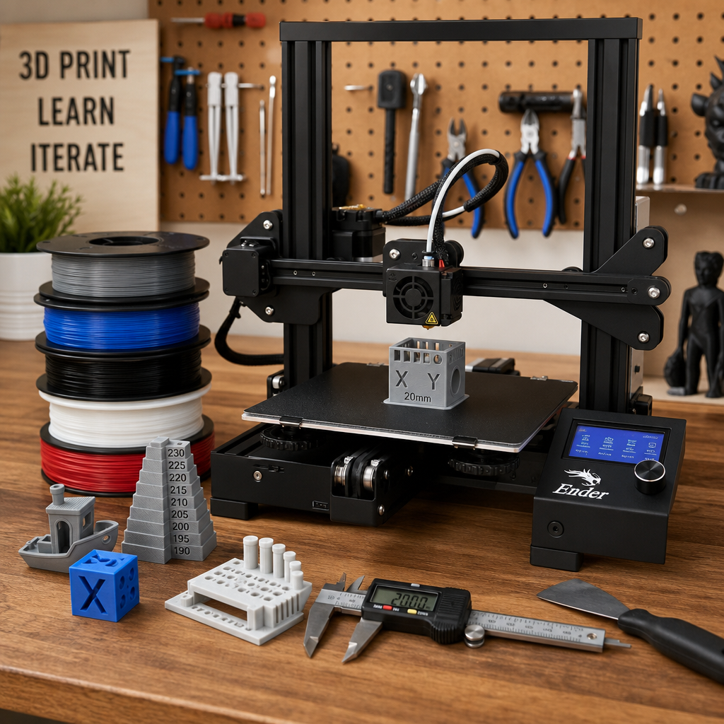 a New 3d Printer on a Workbench Printing a Small Calibration Part
