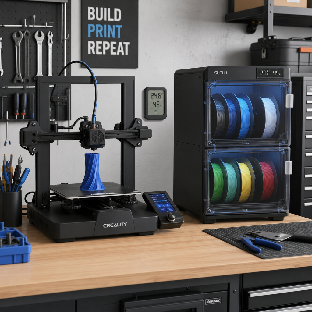 Next image- 3d printer running in a clean garage workshop beside sealed filament - 3d printing by kevin 3d Printer Running in a Clean Garage Workshop Beside Sealed Filament Storage, a Thermometer, Tools.