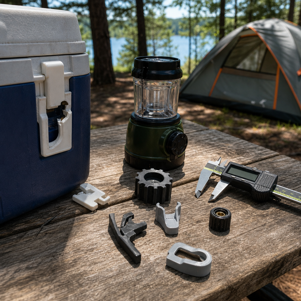 Summer camp-site - 3d printing by kevin Broken Tent Clip, Cooler Latch, Lantern Knob, Digital Calipers, and Custom 3d-printed Camping Replacement Parts on a Campsite Table