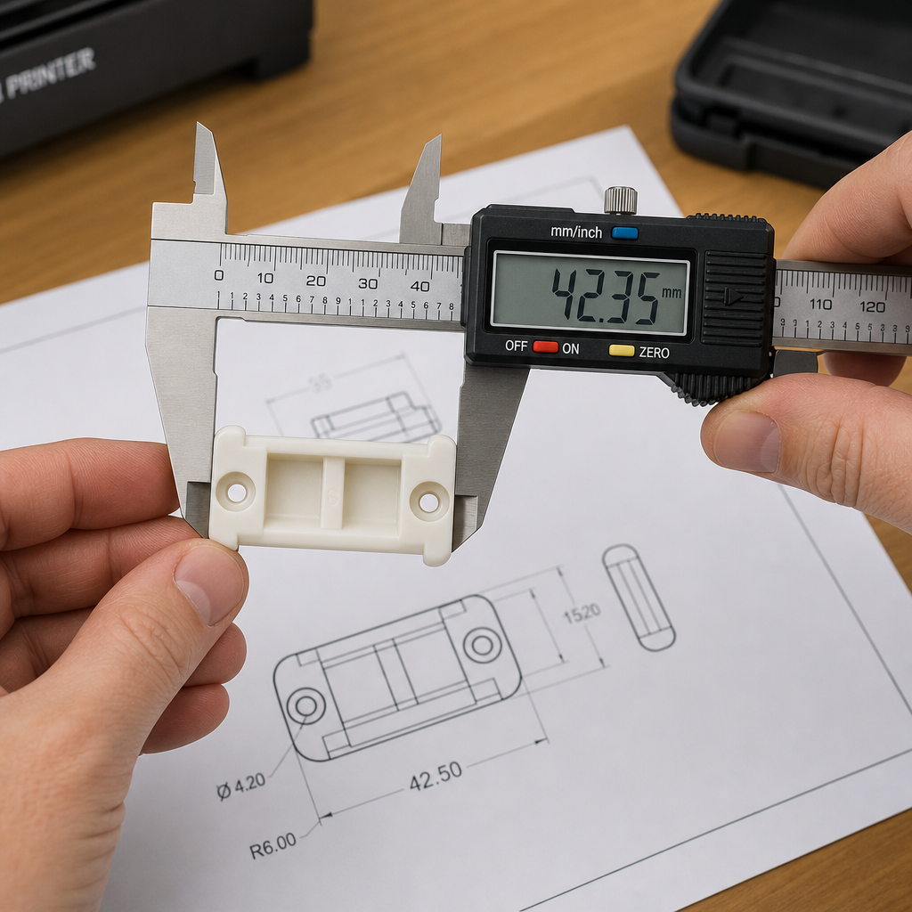 A clean precise shot of digital calipers measuring a plastic replacement part - 3d printing by kevin Digital Calipers Measuring a Plastic Replacement Part Before Custom 3d Printing