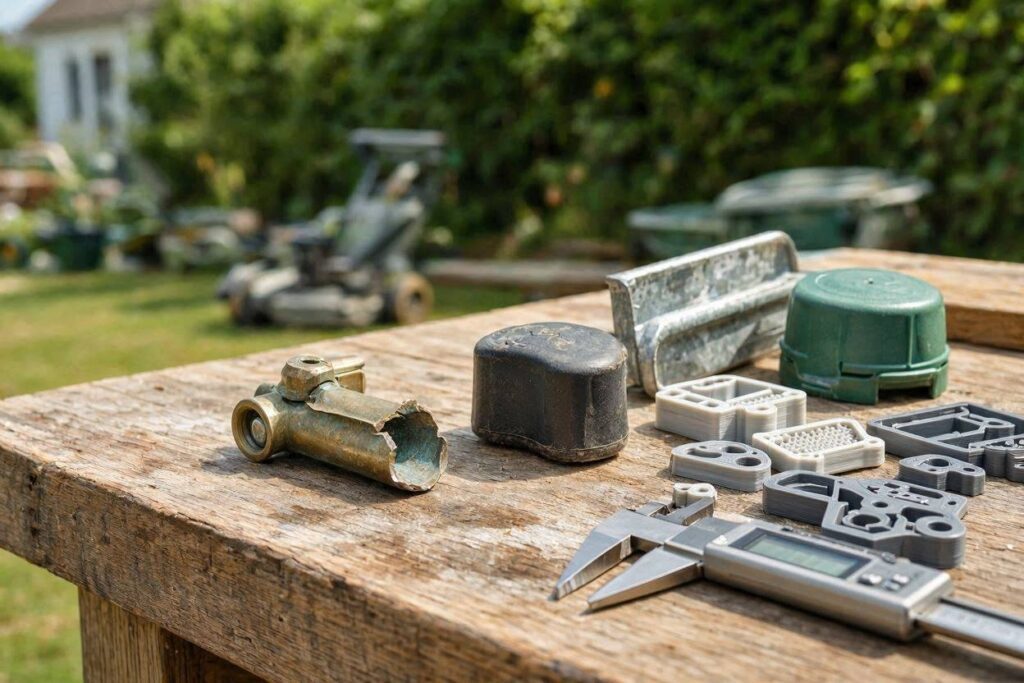 Broken Sprinkler Clip, Garden-hose Guide, Mower Knob, Digital Calipers, and Custom 3d-printed Lawn and Garden Replacement Parts on an Outdoor Workbench