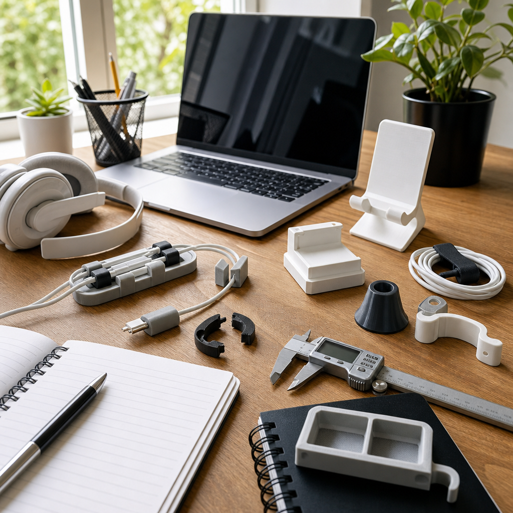 Study Desk Showing a Laptop, Notebooks, Charging Cables, Headphones, a Broken Plastic Clip, Digital Calipers, and Several Clean Functional 3d Printing Solutions