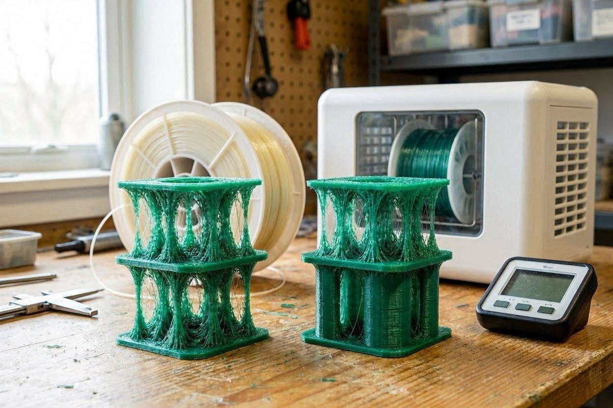 Stringy 3d Print Beside Wet and Dry Filament Samples, a Filament Dryer, Hygrometer, and Desktop 3d Printer