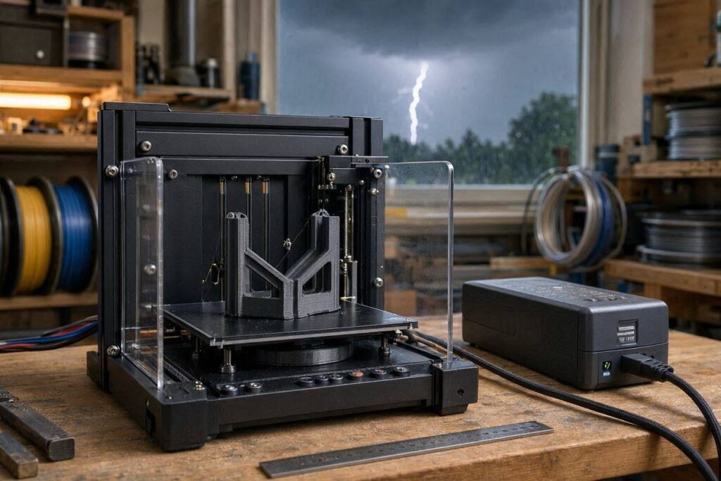Workshop_scene_showin - Desktop 3d Printer Paused During a Storm Beside a Ups Battery Backup and a Partially Completed Functional Print