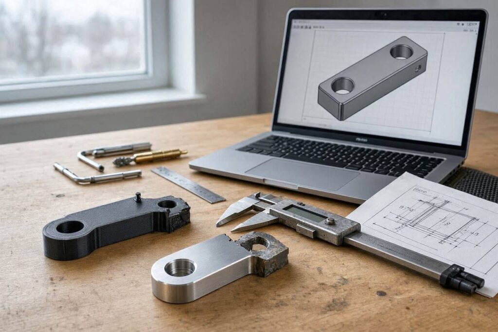 Digital Calipers, a Broken Plastic Bracket, Cad Model, Test Prototype, and Finished Custom 3d-printed Replacement Part on a Workbench