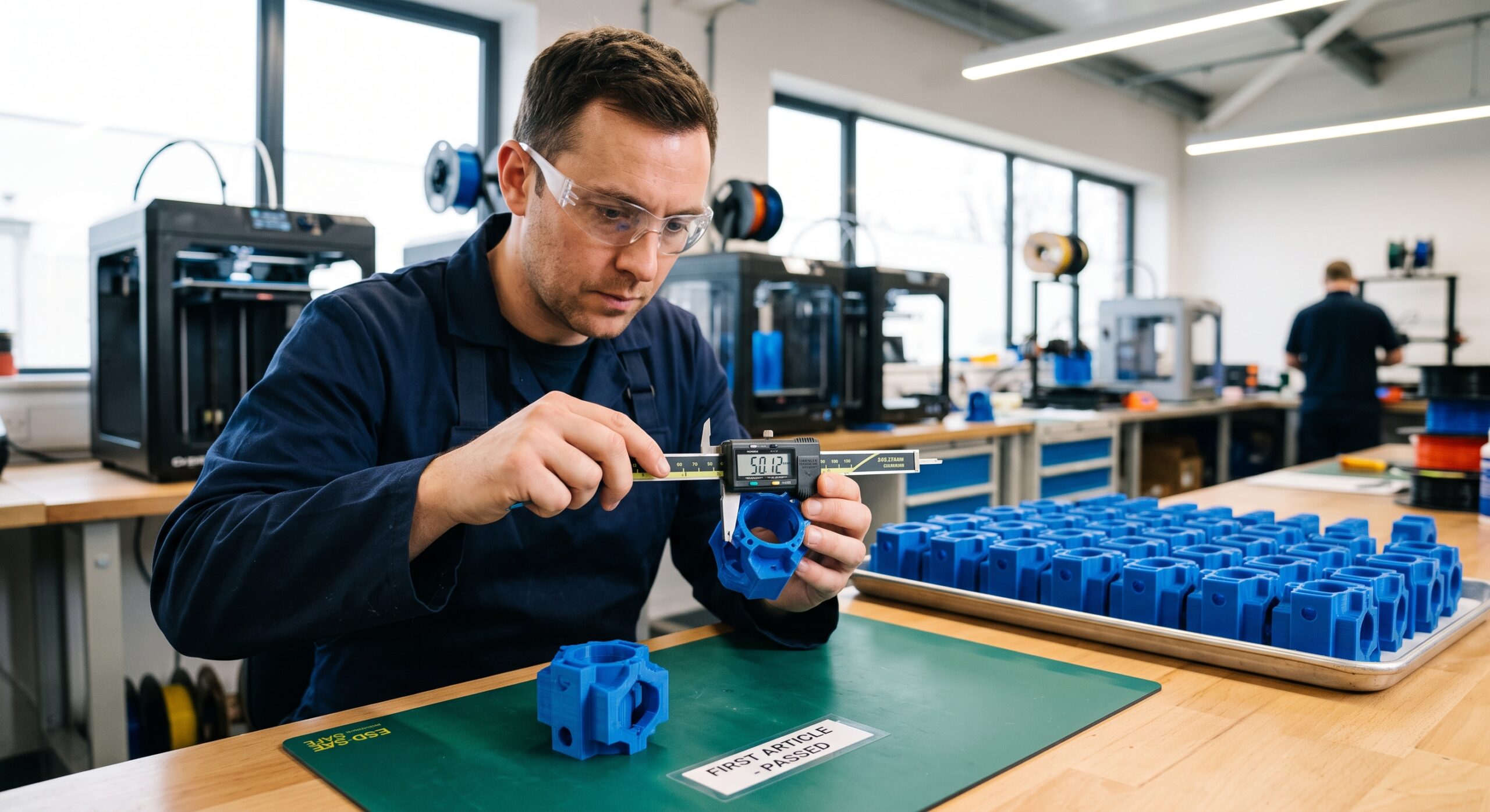 First 3D-printed production sample being measured before a tray of matching batch parts