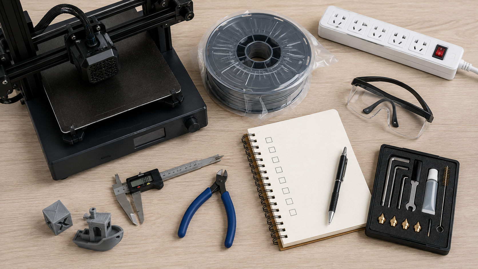 Practical first 3D printer setup with PLA, calipers, safety glasses, cutters, maintenance tools, and functional test parts