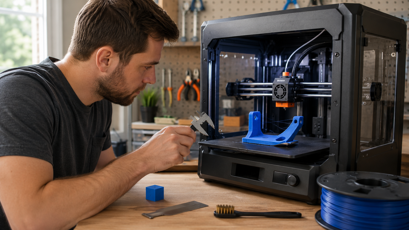 Maker diagnosing stringing and a lifted corner on a blue FDM 3D print
