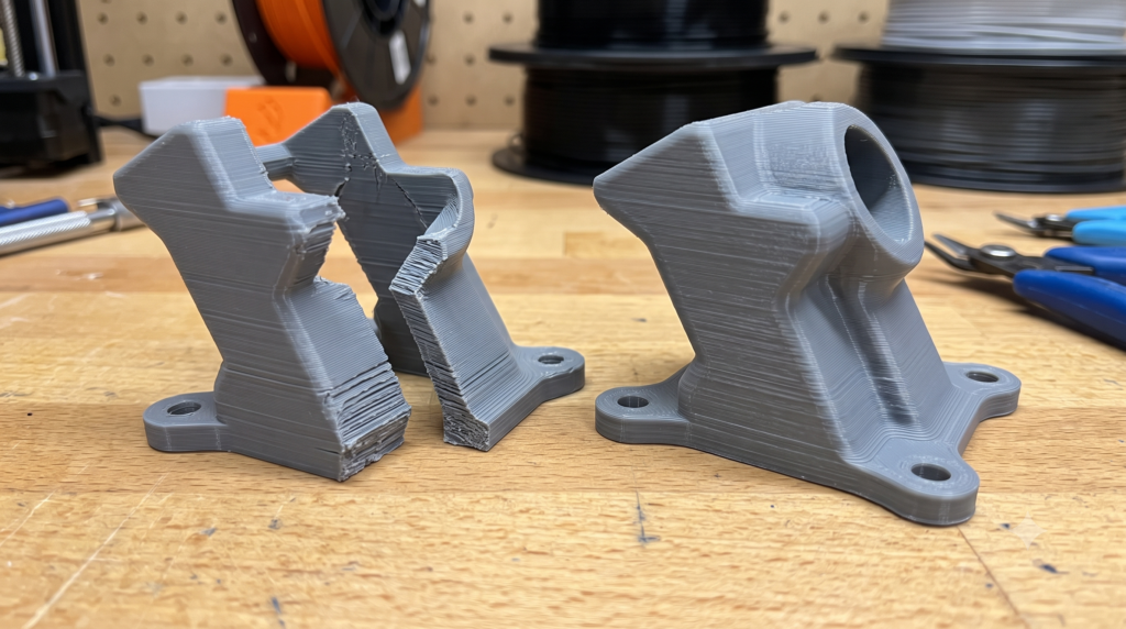 A broken functional 3d-printed bracket showing a clean split along the layer lines beside the redesigned part - Broken Functional 3d-printed Bracket Showing a Clean Split Along the Layer Lines Beside the Redesigned Part