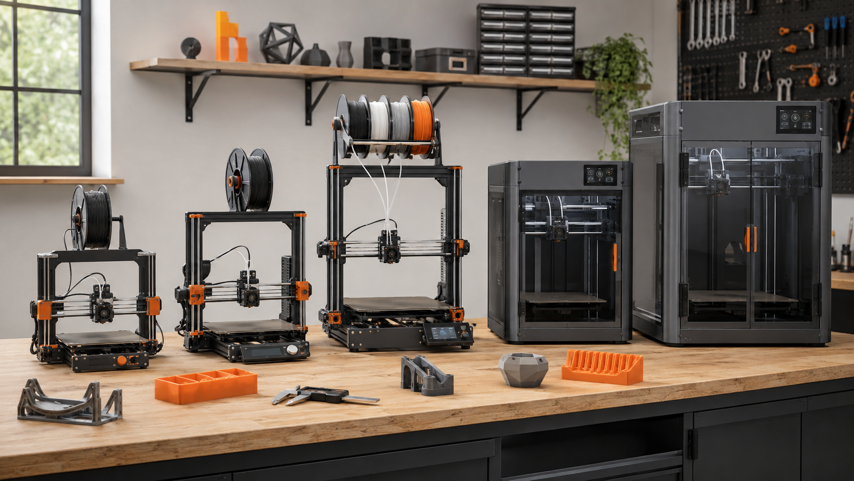 Five desktop FDM 3D printers for beginners and professionals in a workshop
