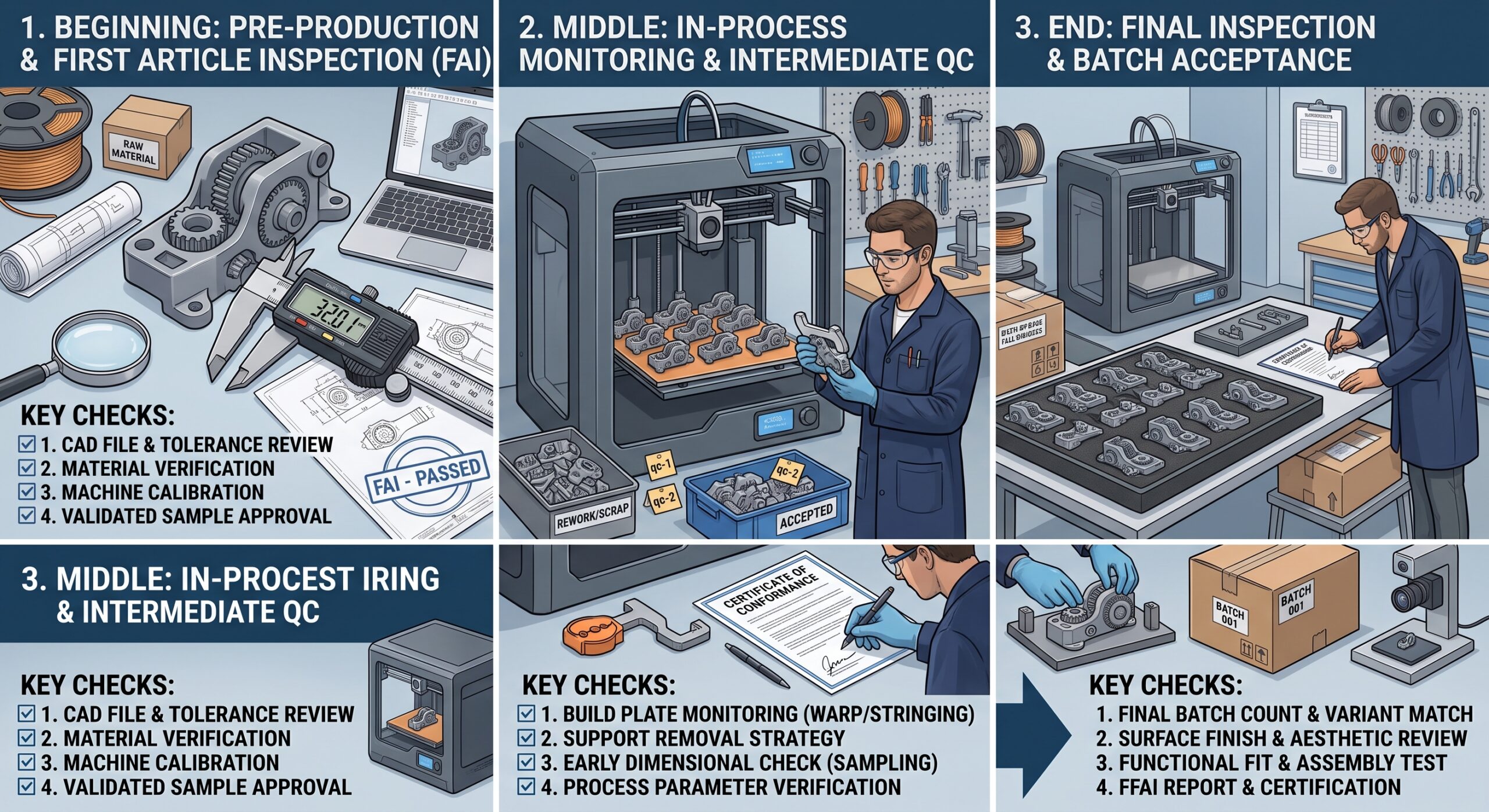 Beginning, middle, and end inspection plan for a small batch of 3D-printed parts