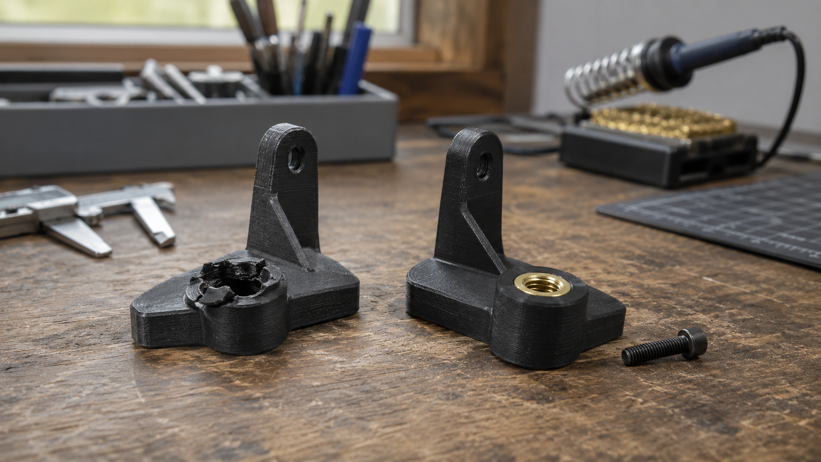 Broken 3D printed screw boss beside a redesigned bracket with a brass heat-set insert