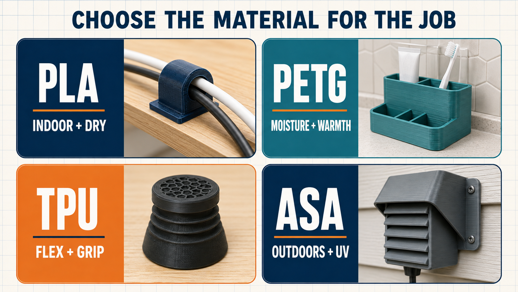 Material guide for functional 3D printed gadgets showing PLA, PETG, TPU, and ASA examples