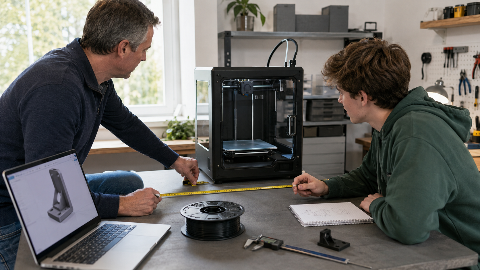 Parent and student measuring space for an enclosed FDM 3D printer before buying it for school projects