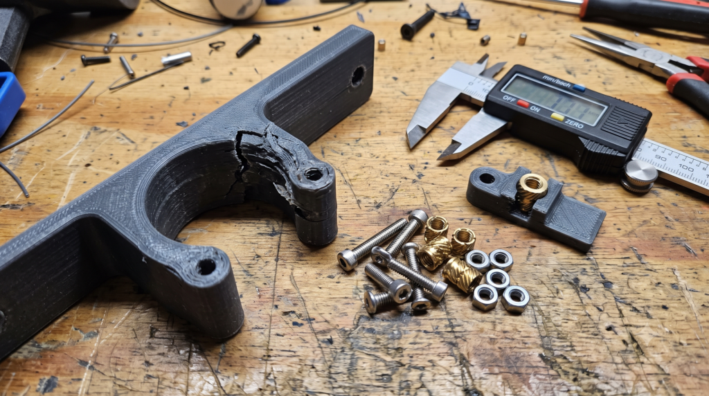 Cracked 3d-printed Bracket Beside Screws, Heat-set Inserts, Captive Nuts, and a Digital Caliper on a Workshop Bench