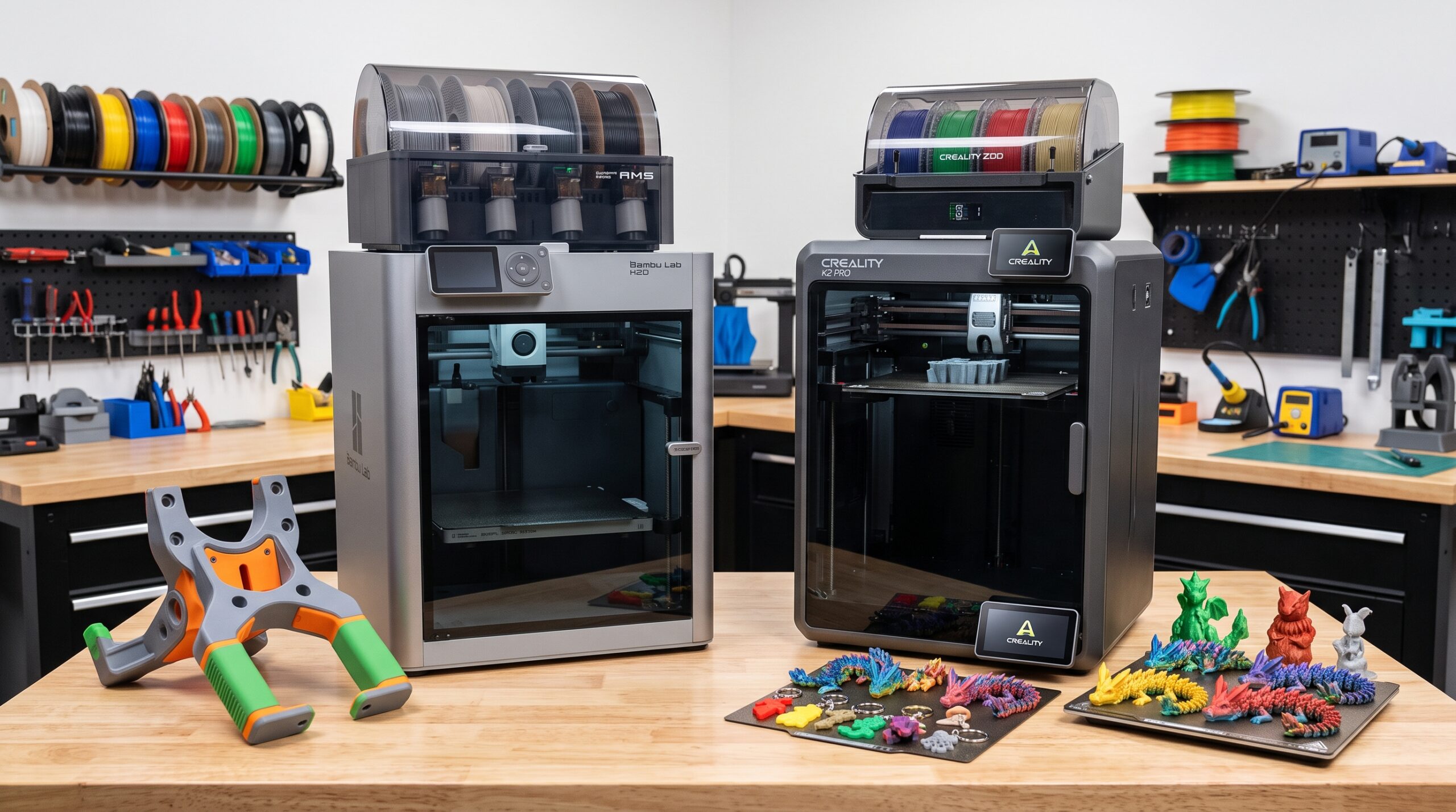 Bambu Lab H2D and Creality K2 Pro compared for dual-material printing, build volume, speed, and workshop use