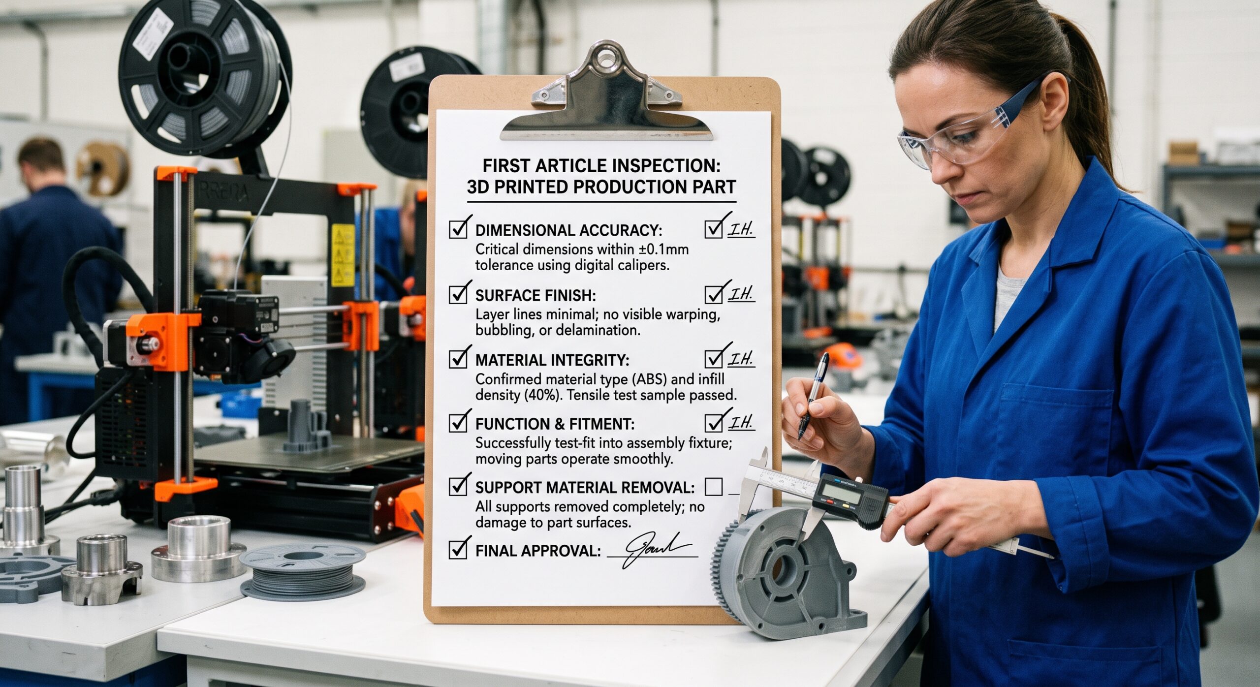 Five-point approval checklist for a first 3D-printed production part