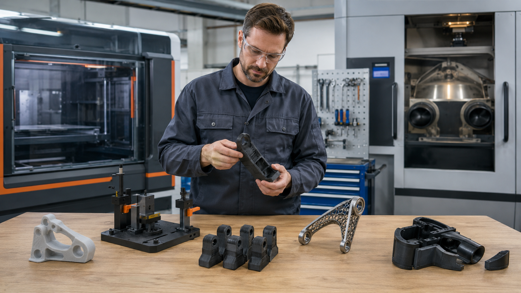 Technician inspecting manufactured and 3D-printed engineered parts on a workshop bench before functional testing