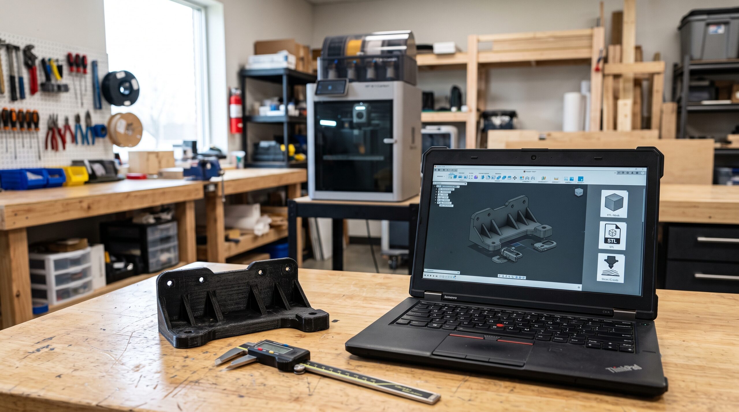 CAD model, digital calipers, and a finished replacement part representing STL, STEP, and 3MF file choices