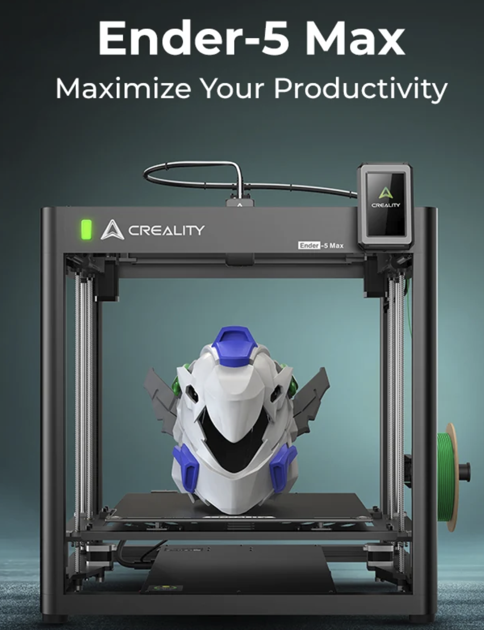 Creality Ender-5 Max printing a large futuristic helmet on its 400 mm build plate