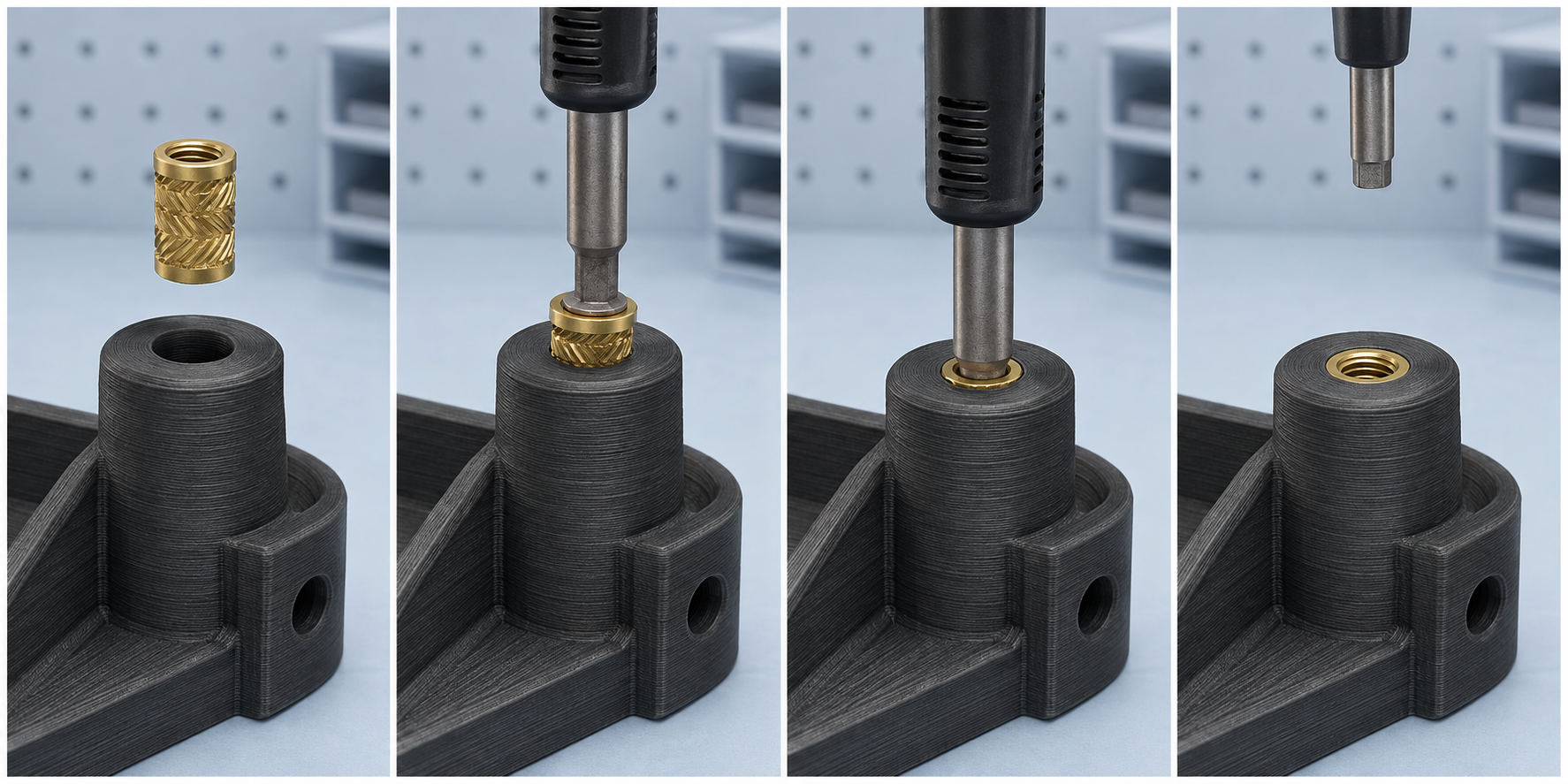 Four-step illustration showing installation of a heat-set insert in a 3D printed boss