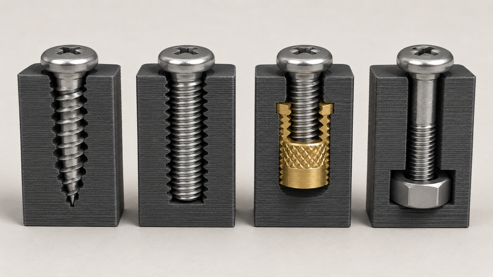 Cutaway comparison of four ways to fasten screws in 3D printed parts
