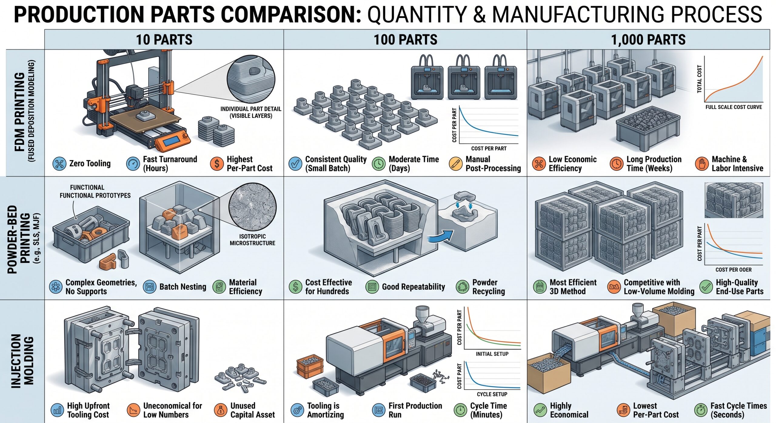 Ten, one hundred, and one thousand production parts compared across FDM printing, powder-bed printing, and injection molding