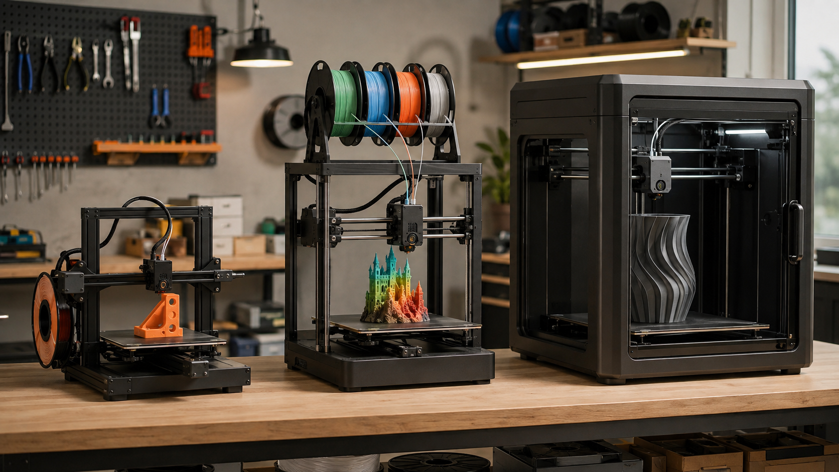 Three FDM 3D printers for beginner, multicolor, and professional workflows in a workshop