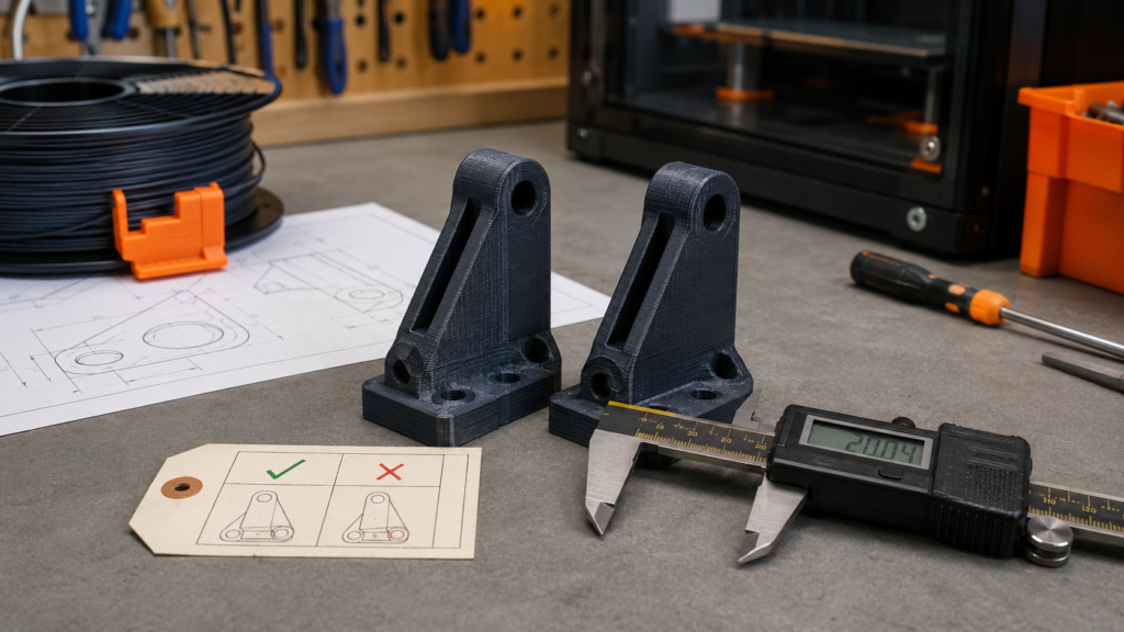 Two repeat 3d-printed brackets being compared with digital calipers on a workshop bench - Two Repeat 3d-printed Brackets Being Compared with Digital Calipers on a Workshop Bench