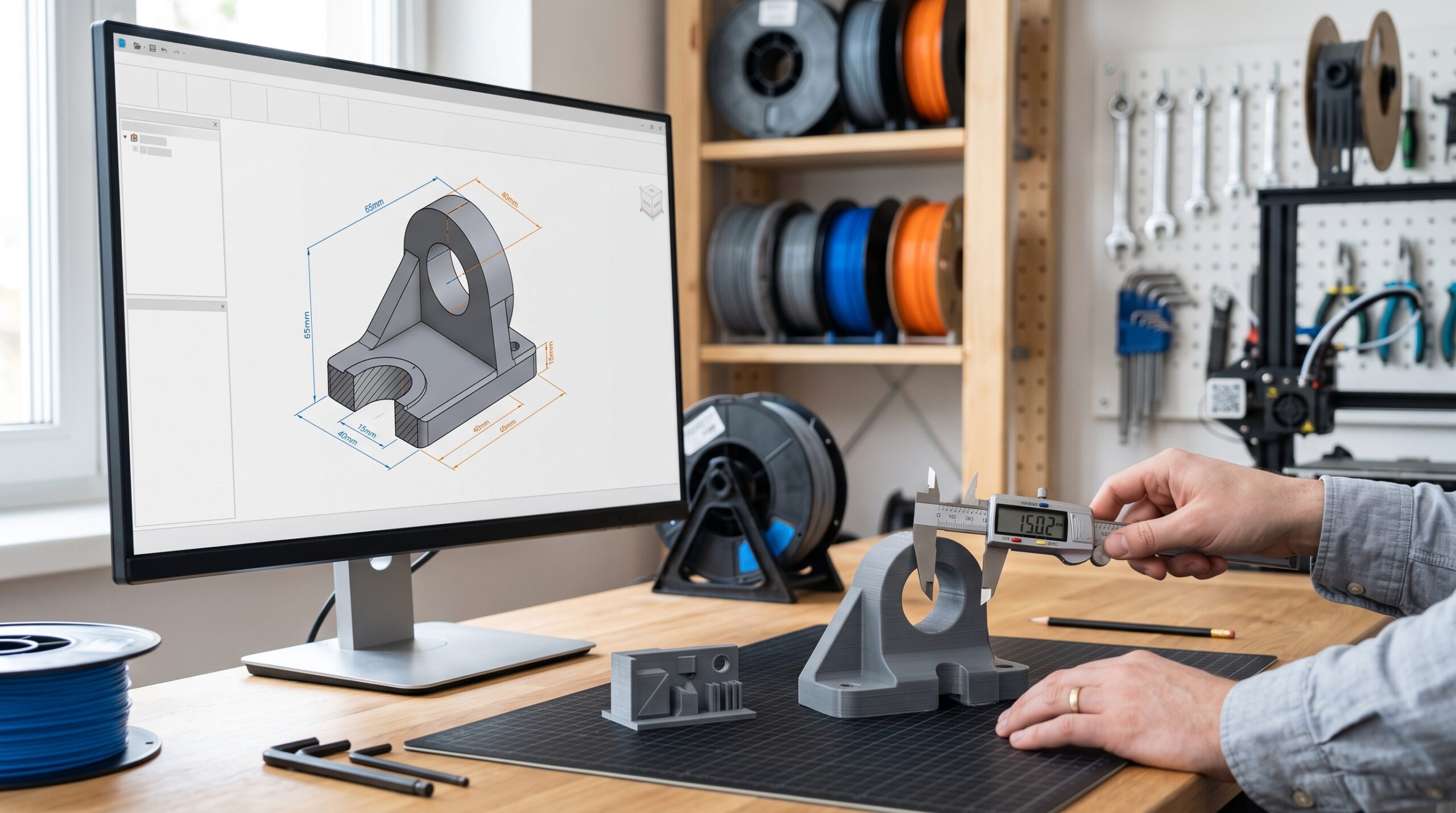 Functional mechanical bracket shown as a dimensioned CAD model for industrial 3D printing