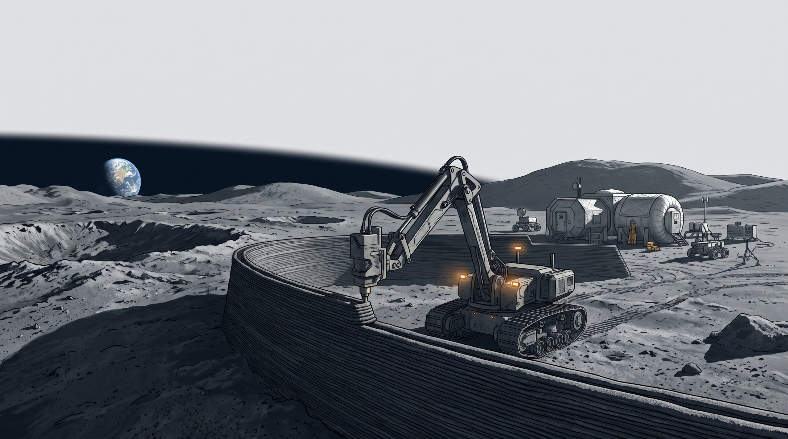 Autonomous construction robot building a protective lunar-regolith wall near the Moon’s south pole