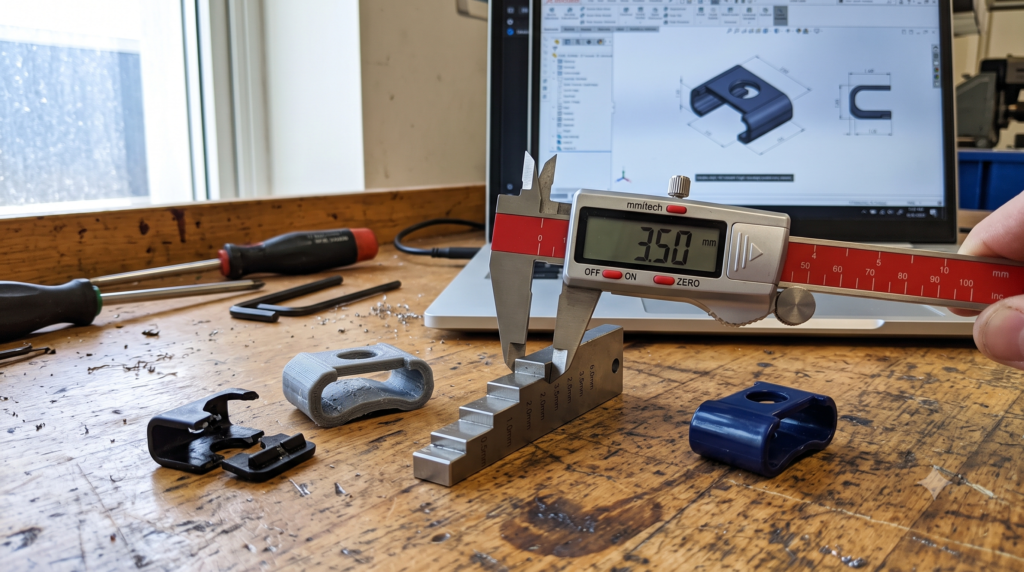 Digital Calipers Measuring a Small 3d-printed Fit Test Beside a Broken Plastic Part, Cad Model, and Finished Replacement Component