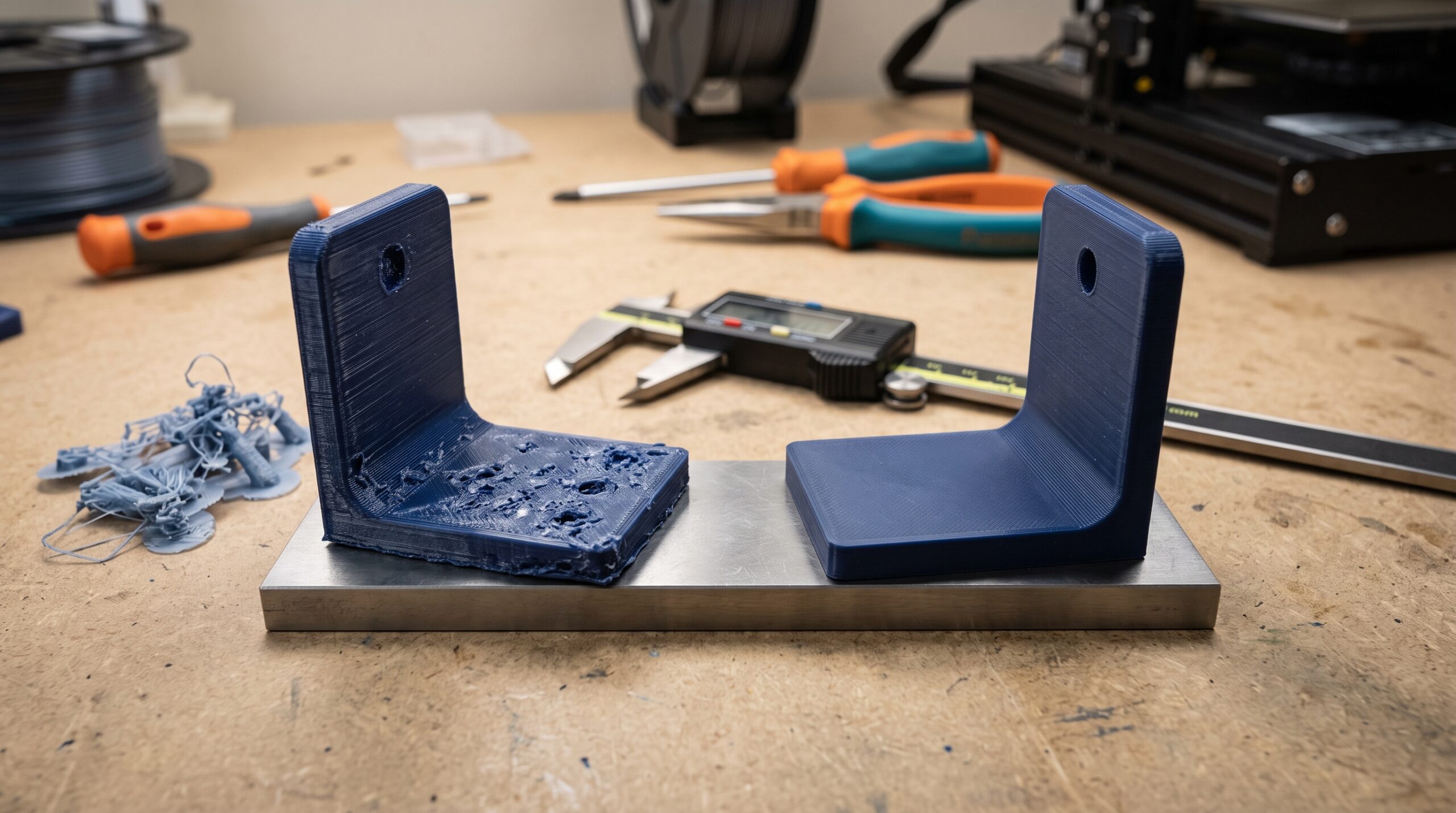 Rough supported face and corrected flat face on two functional 3D-printed brackets