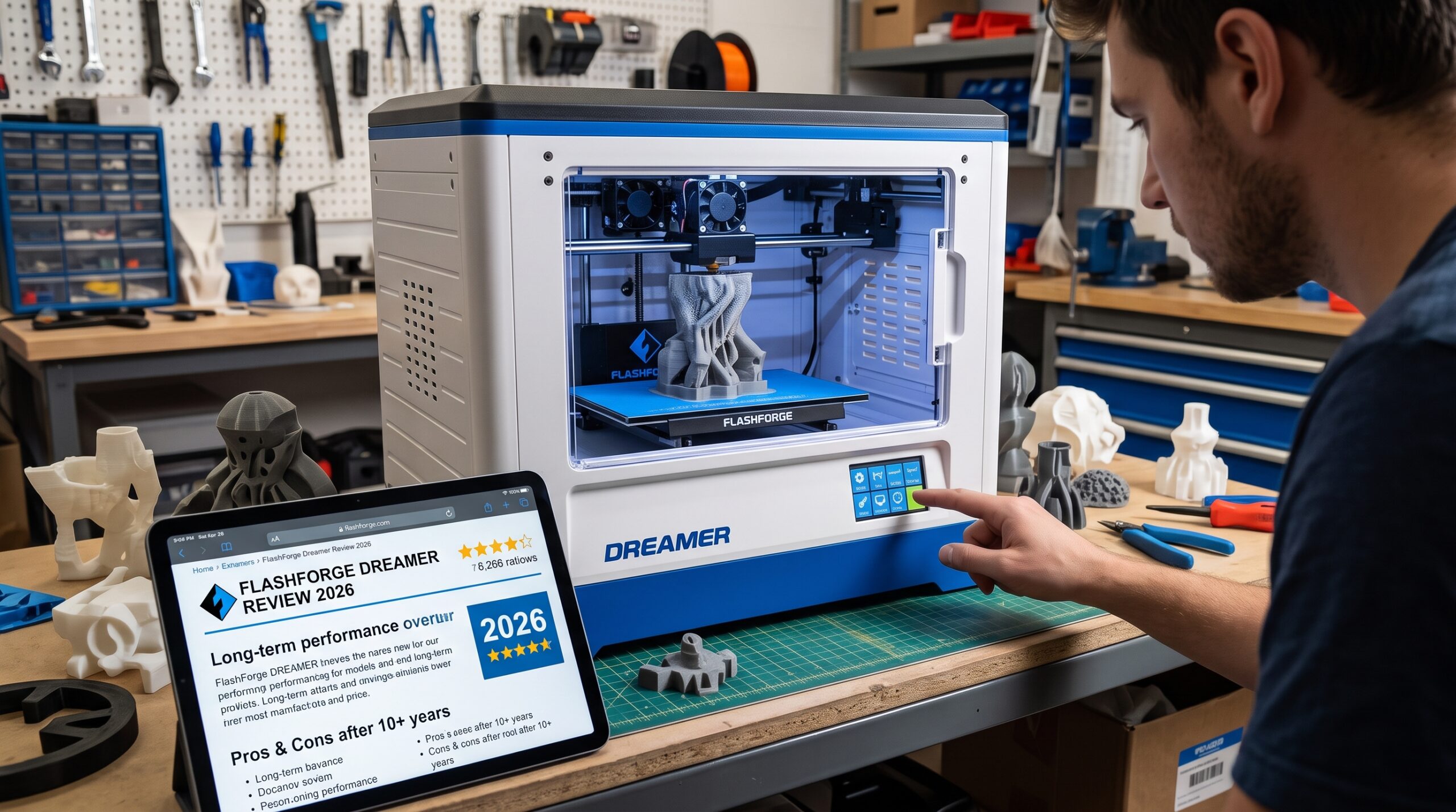 Maker reviewing an enclosed Flashforge Dreamer 3D printer in a workshop